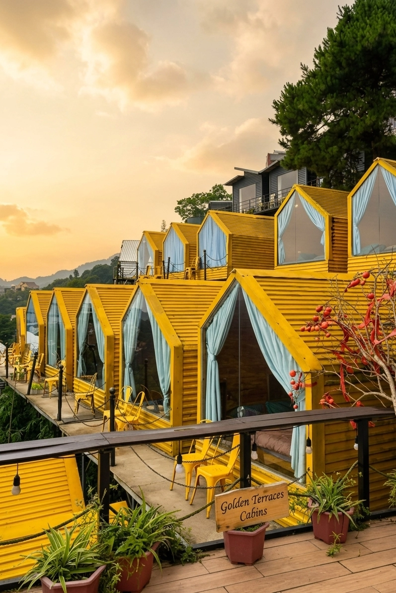 Golden Terraces cabins at sunset