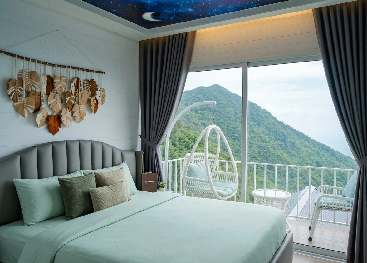 Modern room with balcony and hanging chair