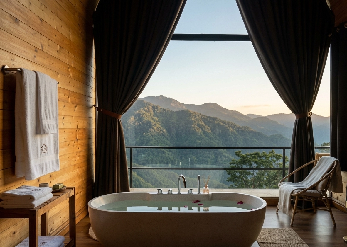 Freestanding bathtub overlooking the mountains
